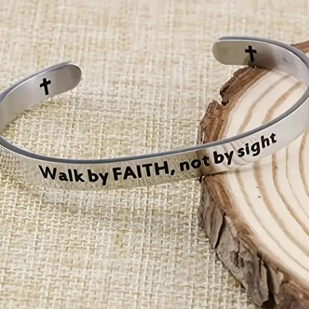 Silver Inspirational Cuff Bracelet FAITH NOT SIGHT STAINLESS STEEL